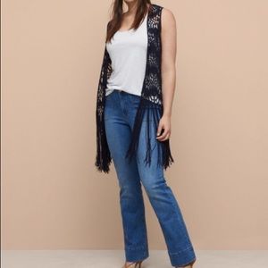 MANGO Boho Black Open Knit Fringed Long Vest